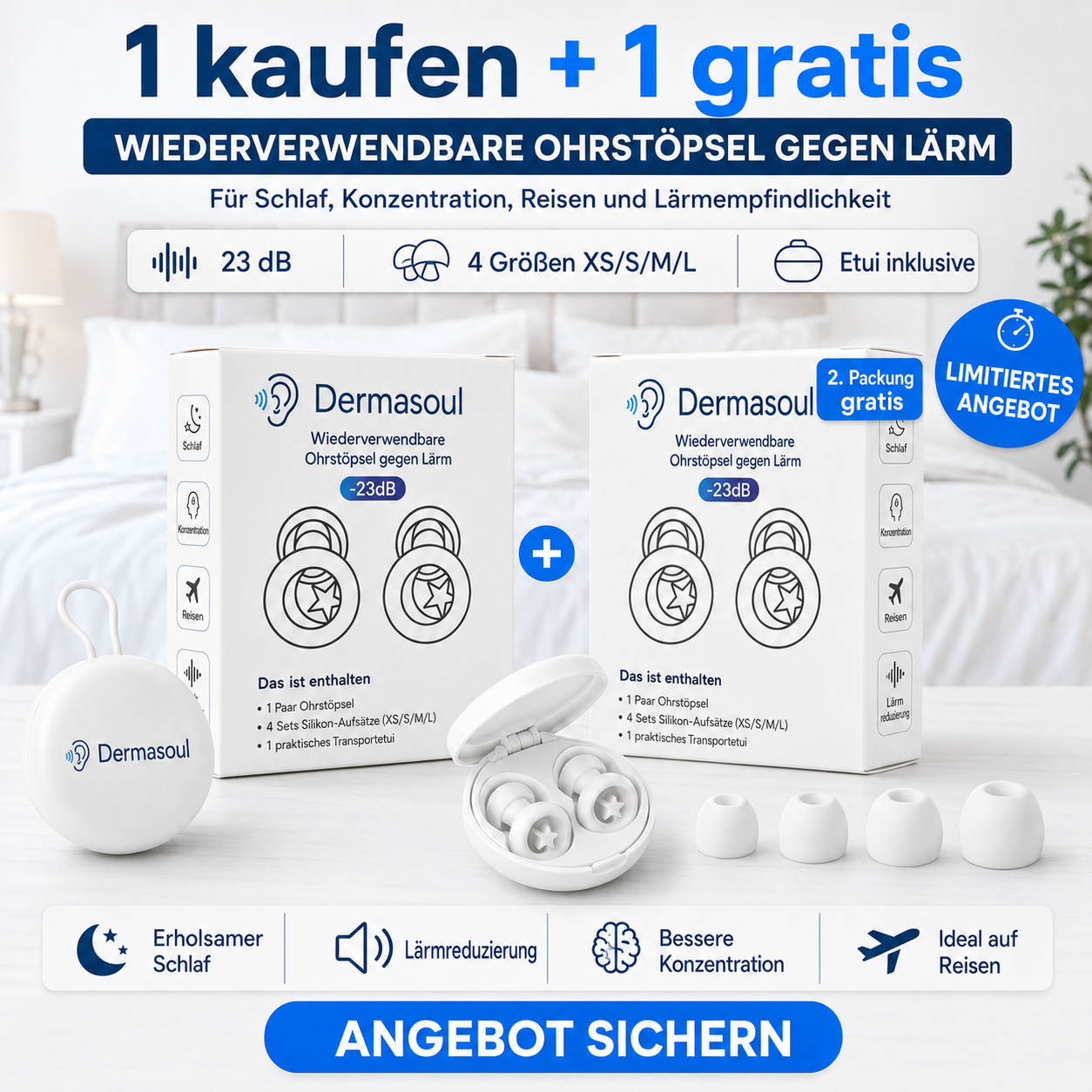 Dermasoul® QuietPods™ – Anti-Lärm-Ohrstöpsel 23 dB | Schlaf, Konzentration & Reisen | 1 kaufen = 1 gratis