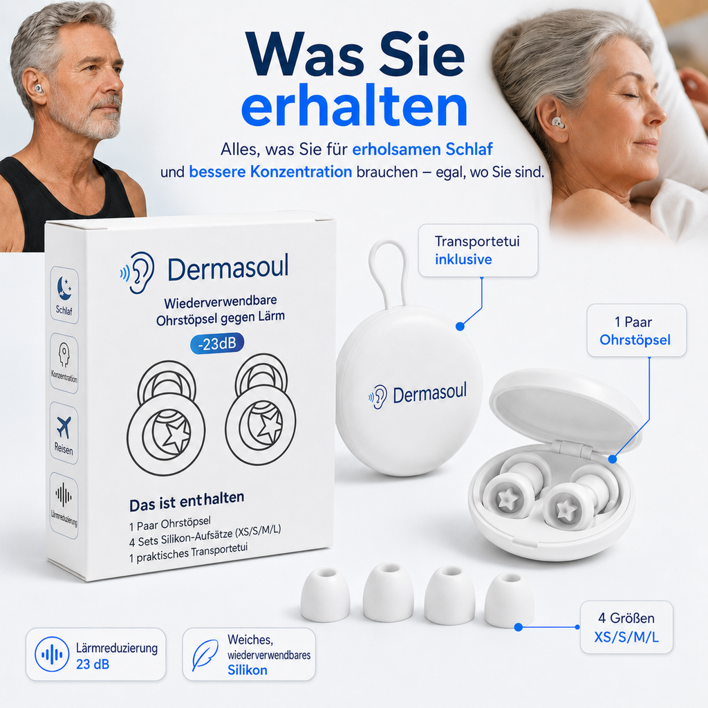 Dermasoul® QuietPods™ – Anti-Lärm-Ohrstöpsel 23 dB | Schlaf, Konzentration & Reisen | 1 kaufen = 1 gratis