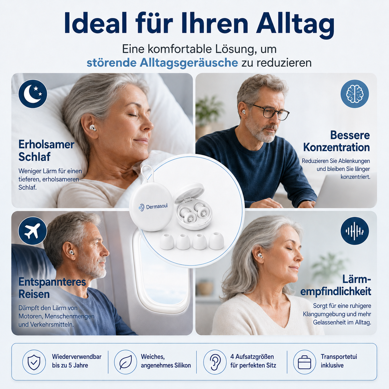 Dermasoul® QuietPods™ – Anti-Lärm-Ohrstöpsel 23 dB | Schlaf, Konzentration & Reisen | 1 kaufen = 1 gratis