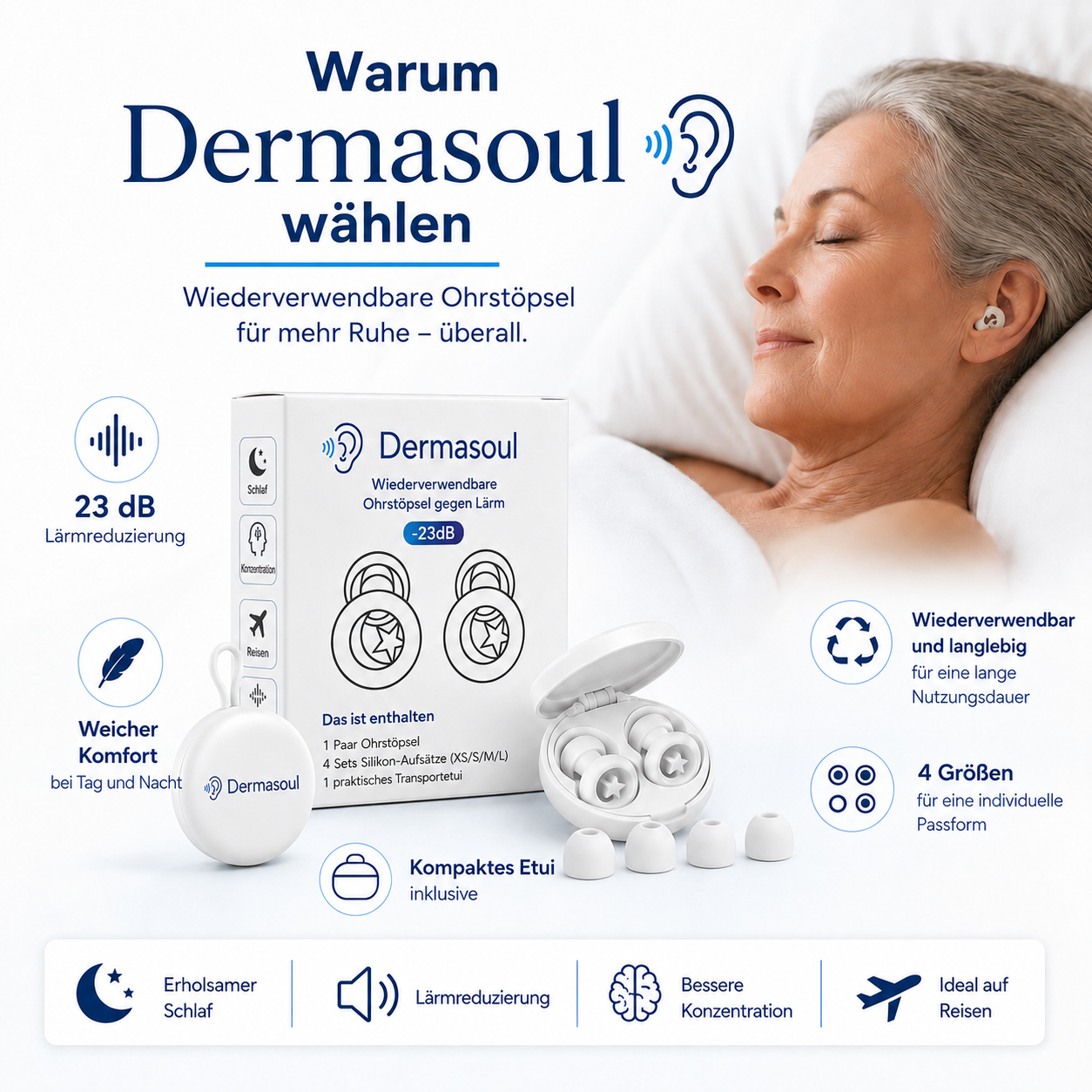 Dermasoul® QuietPods™ – Anti-Lärm-Ohrstöpsel 23 dB | Schlaf, Konzentration & Reisen | 1 kaufen = 1 gratis